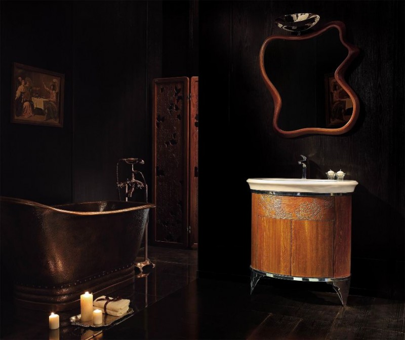 mobilier-salle-bains-design-meuble-vasque-bois-ornements-floraux-cadre-miroir-bois-asymétrique