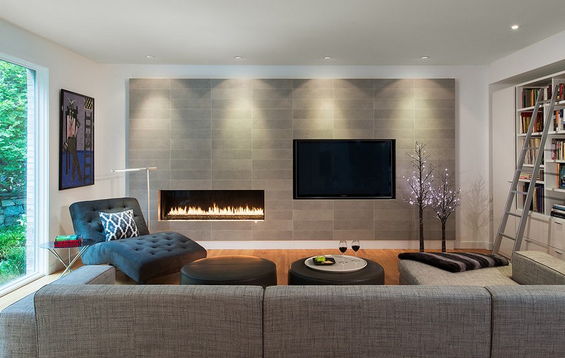 mobilier salon gris cheminée-contemporaine télé diagonale