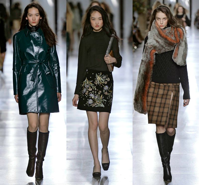 mode-automne-hiver-2015-femme-manteau-cuir-jupe-noire-broderie-blouse-marron-fonce-jupe-retro-fentre