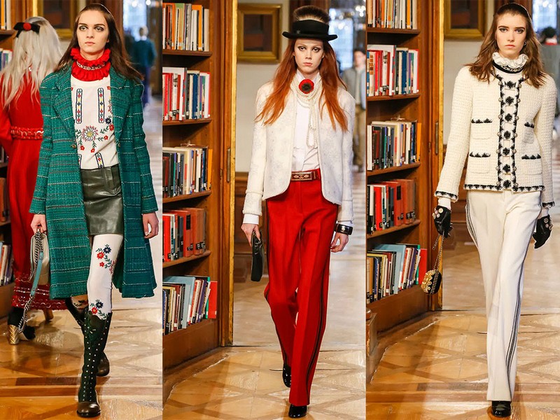 mode-automne-hiver-2015-femme-manteau-long-vert-chemise-motif-broderie-pantalon-rouge-manteau-court-blanc