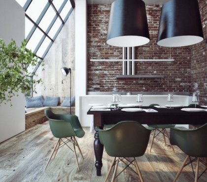 mur-briques-rouges-cuisine-coin-repas-chaises-eames-vert-olive-suspensions-noir-blanc-table-bois-sombre