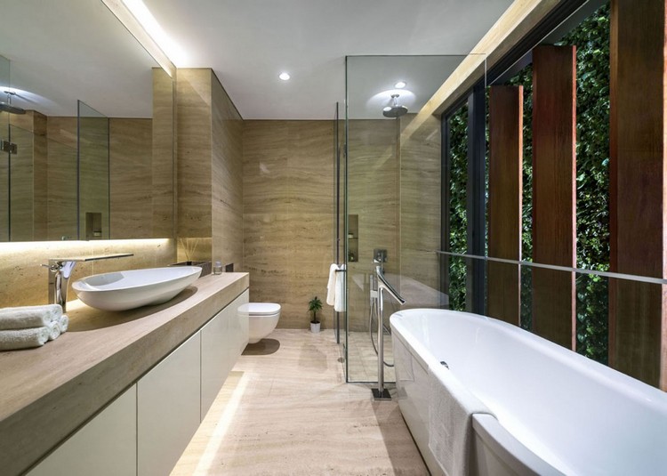 mur-vegetal-exterieur-salle-bains-cabine-douche-verre-transparent-baignoire-blanche-lamelles-bois mur végétal extérieur