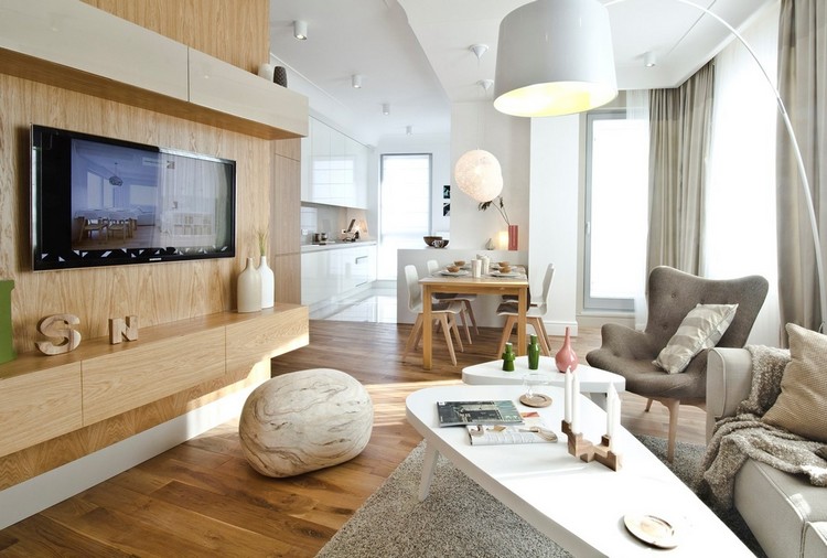 parement-mural-salon-meuble-télé bois clair pouf galet meubles design