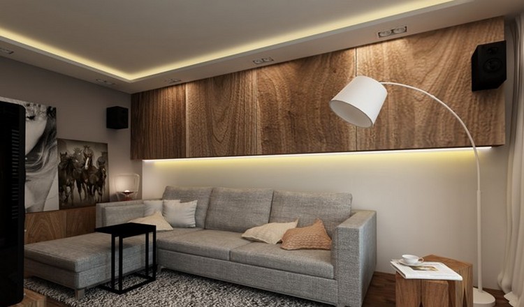 parement-mural-salon-panneaux bois corniche lumineuse LED canapé gris