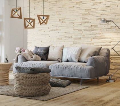 parement -mural salon pierre plancher bois clair canapé droit gris