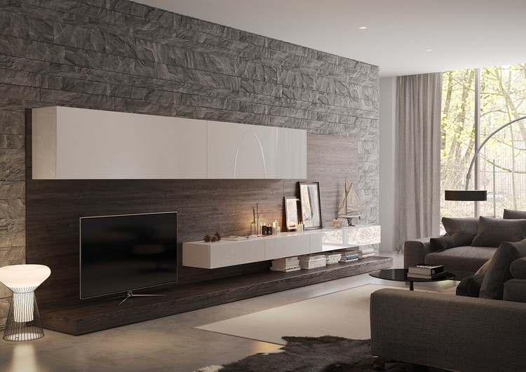 parement mural –salon-pierre-grise-meuble-tv-blanc-laque