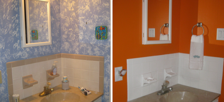 peinture-carrelage-salle-bain-carreaux-blancs-beige-peinture-murale-orange-bleue