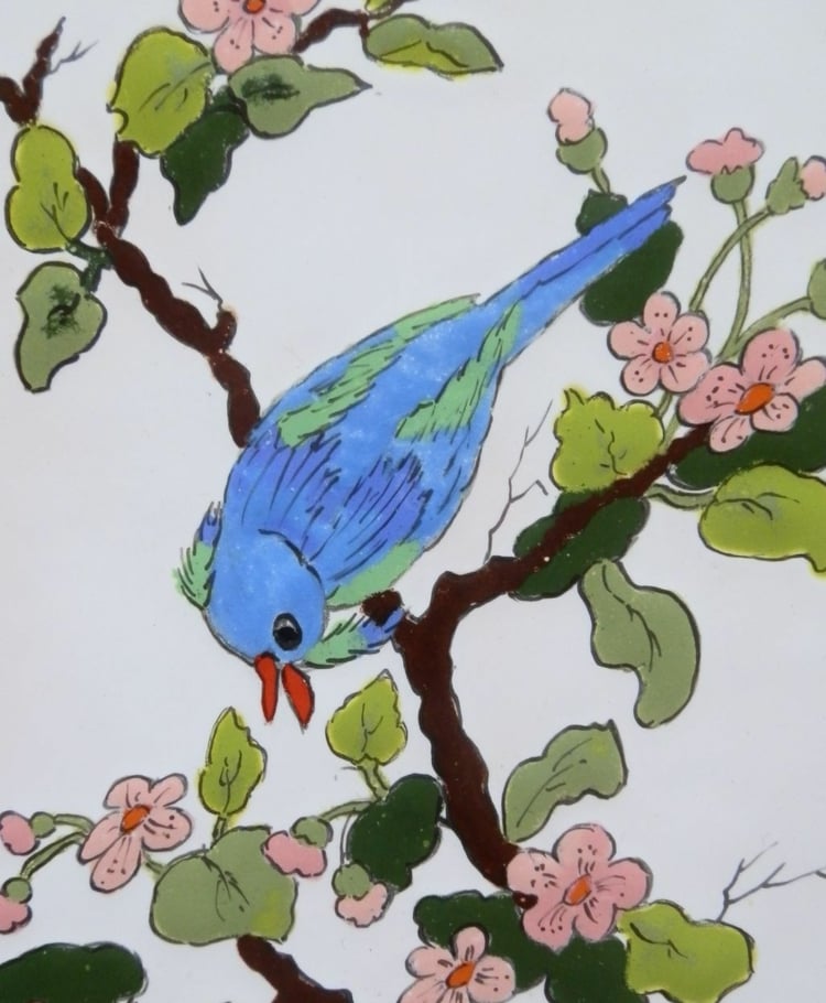 peinture-carrelage-salle-bain-motif-oiseau-bleu-feuilles-vertes