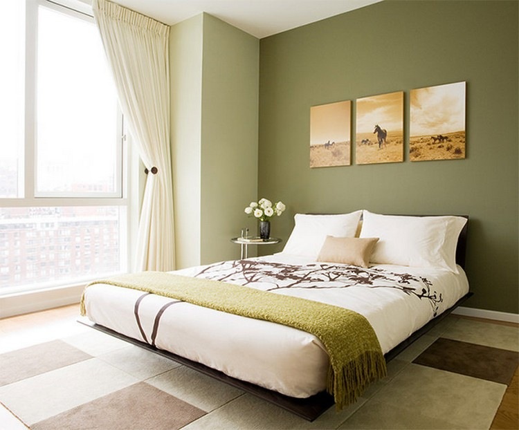 peinture-verte-chambre-coucher-mur-accent-vert-olive-couverture-vert-anis