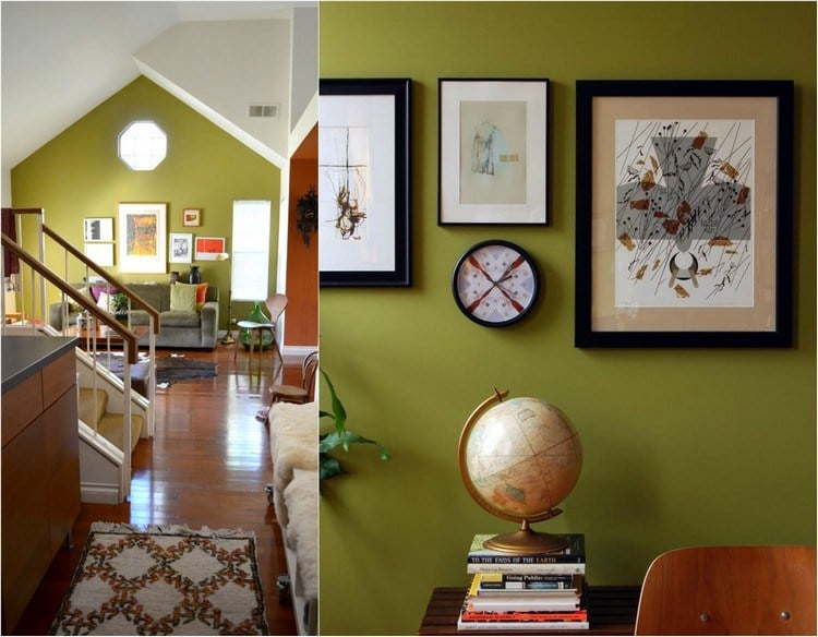 peinture-verte-salle-séjour-nuance-vert-olive-globe-tableaux