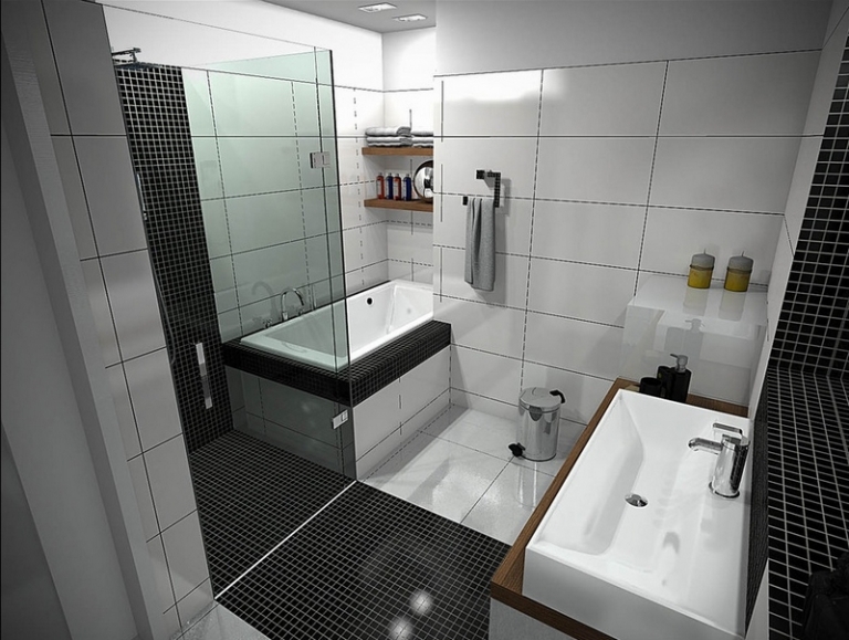 petite salle de bains avec baignoire cabine-douche-déco-noir-blanc