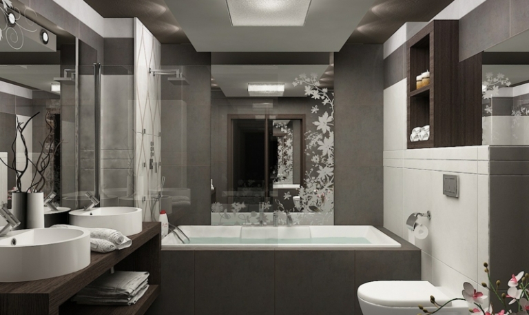 petite-salle-de-bains-baignoire-rectangulaire-double-vasque-motif-floral