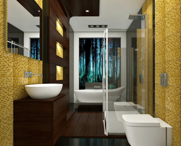 petite-salle-de-bains-baignoire-toilettes-vasque-revetement-mural-mosaique-jaune