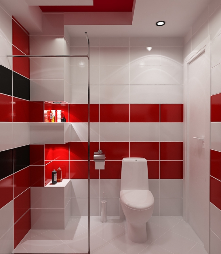 petite-salle-de-bains-carrelage-mural-rouge-blanc-toilettes-spots-encastres