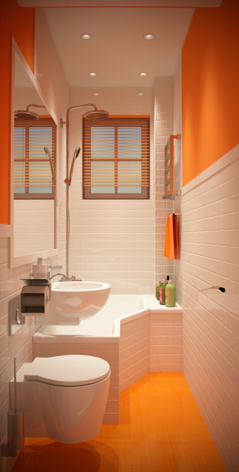 petite-salle-de-bains-couleur-orange-blanche-toilettes-spots-encastres