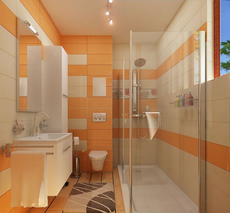 petite-salle-de-bains-receveur-paroi--carrelage-mural-orange-blanc