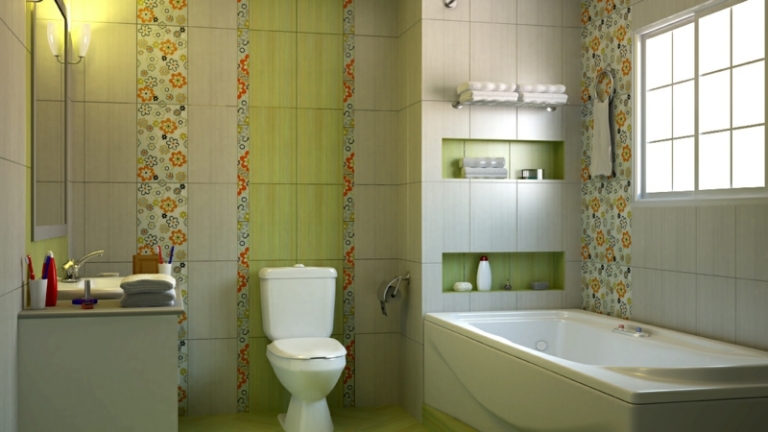 petite-salle-de-bains-toilettes-baignoire-carrelage-mural-motif-floral