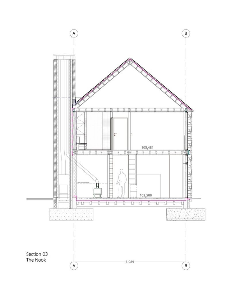 plan architectural maison cheminée toiture 2 versants