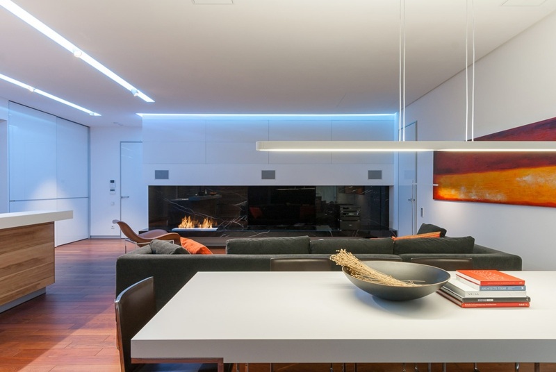Plancher en bois l'accent dans un appartement convivial Cheminée désign Ouverte