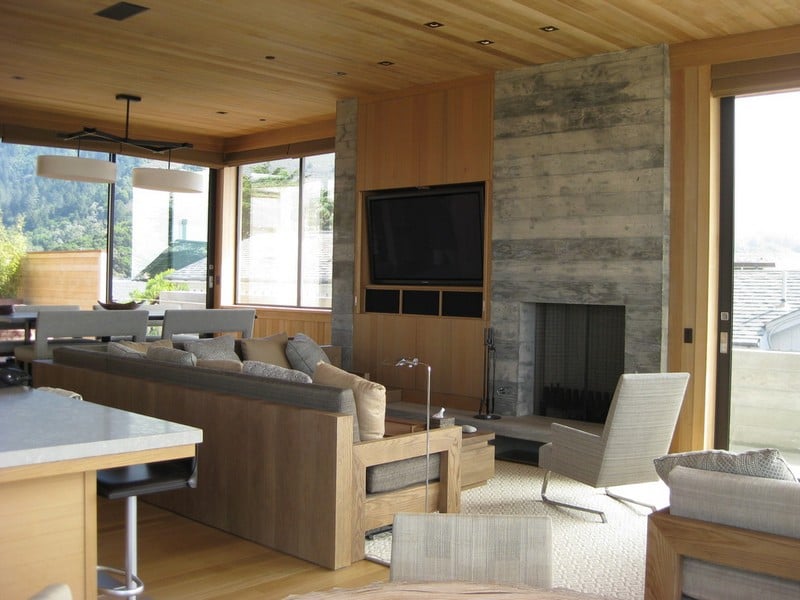 plancher-plafond meubles bois clair cheminée-contemporaine grise
