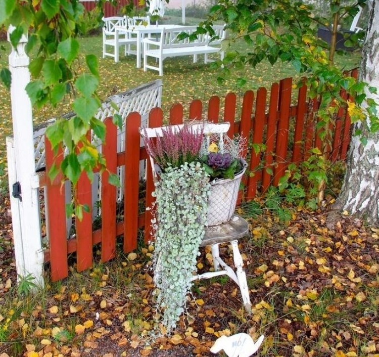 plantes-automne-arrangement-seau-plante-retombante-bruyère-lilas-chou-ornement-clôture-décorative plantes d'automne