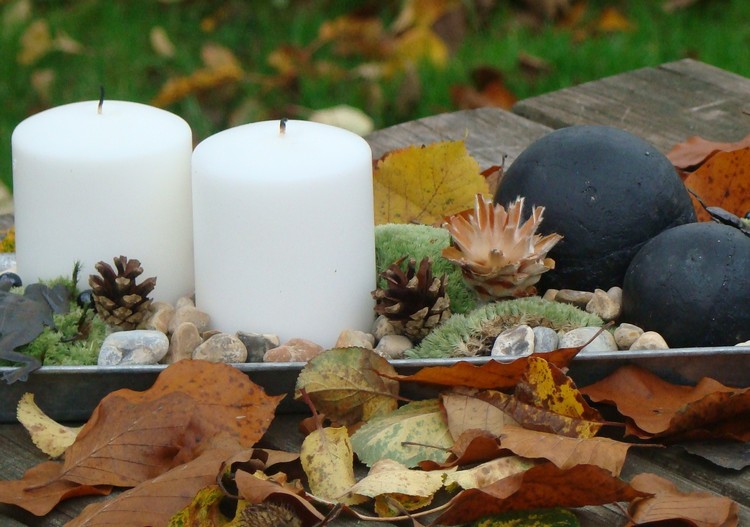 plantes-automne-bougies-cylindrique-arrangement-feuilles-automne-cailloux-mousse
