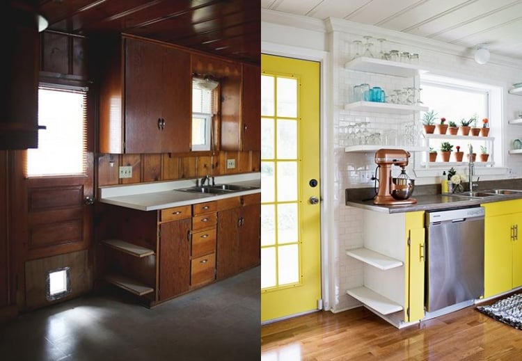renovation-cuisine-armoire-bois-couleur-jaune-etageres-rangement