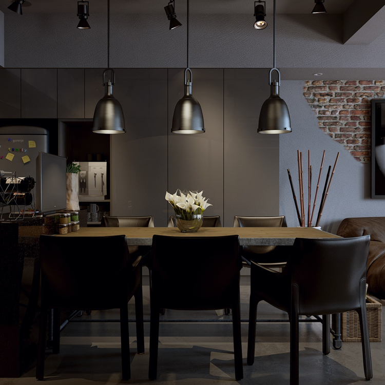 salle à manger moderne -sombre-peinture-grise-chaises-noires