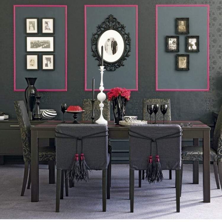 salle à manger moderne -sombre-peinture-mobilier-gris-anthracite-accents-roses
