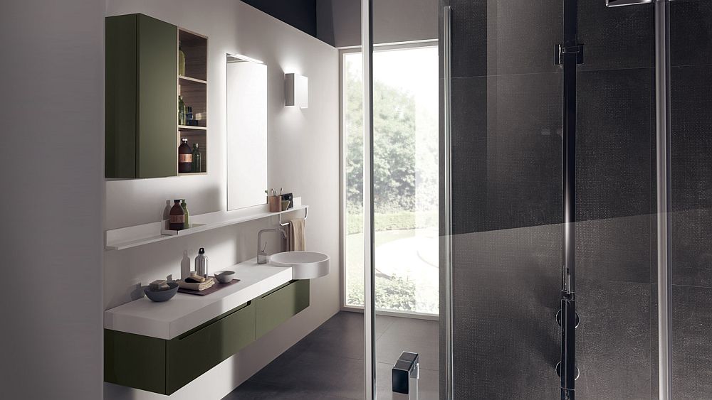 salle-bain-italienne meuble lavabo suspendu vert blanc mat Idro Scavolini