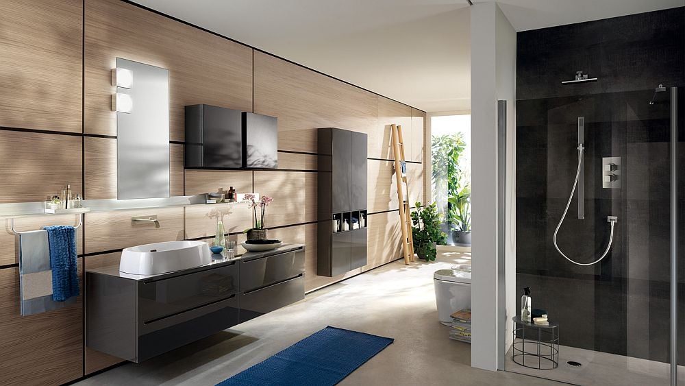 salle de bain italienne meubles gris laqué suspendus Idro Scavolini