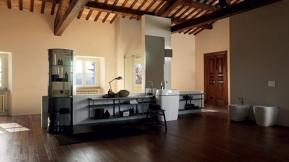 salle de bain italienne sanitaire moderne fond rustique Habi Scavolini