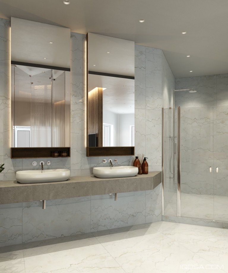 salle-bains-design-moderne marbre blanc plan vasque pierre 2 vasques poser
