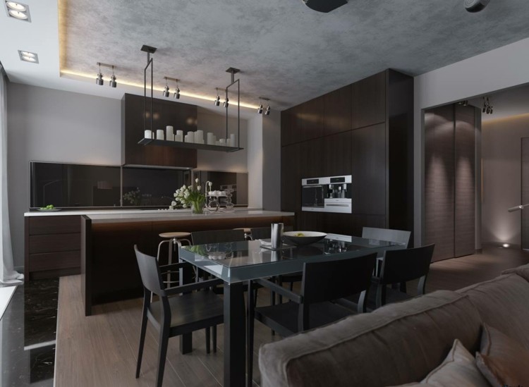 salle-manger-moderne-sombre-chaises-table-noires-cuisine-ouverte-salle-manger salle à manger moderne