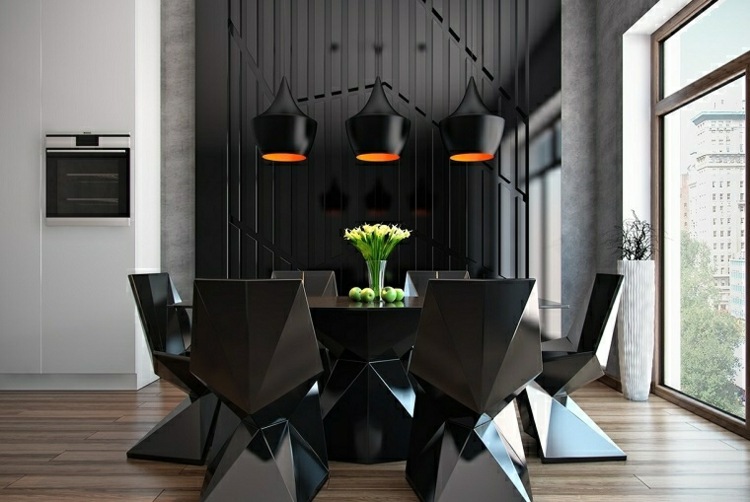 salle-manger-moderne-sombre-chaises-table-noires-design-minimaliste-suspensions-noir-orange salle à manger moderne 