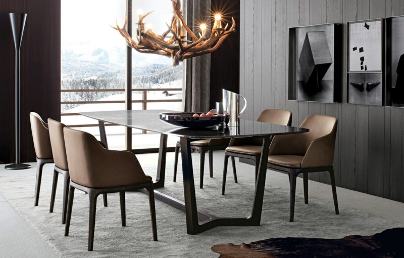 salle-manger-moderne-sombre-revêtement-mural-bois-gris-chaises-cuir-marron-table-manger-noire salle à manger moderne