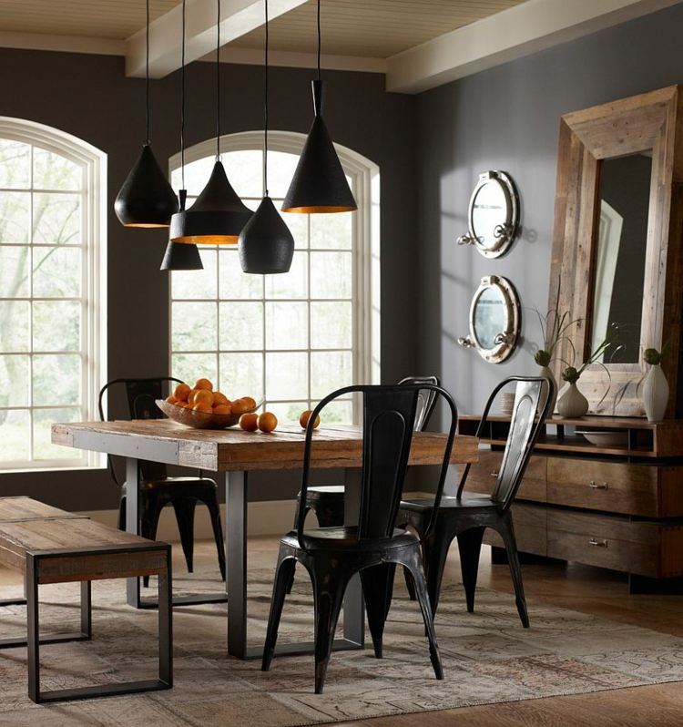 salle-manger-moderne-sombre-style-rustique-chaises-noires-banc-table-commode-bois-massif salle à manger moderne