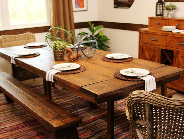 salle-manger-moderne-sombre-table-manger-bancs-bois-massif-chaises-rotin salle à manger moderne