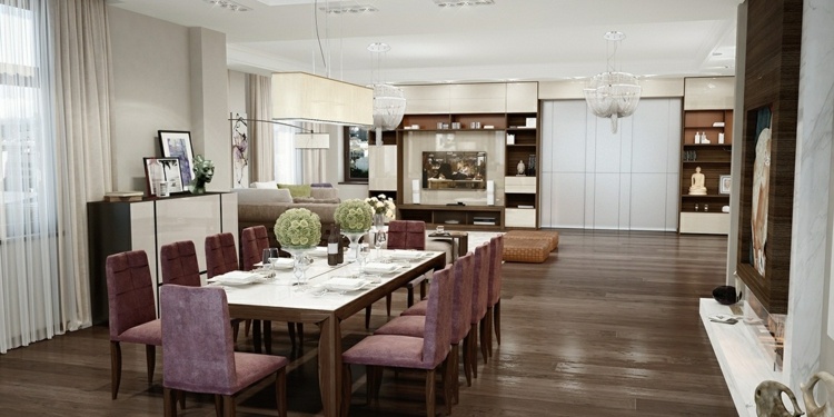 salle-manger-moderne-sombre-table-manger-bois-massif-chaises-tapisserie-lilas salle à manger moderne