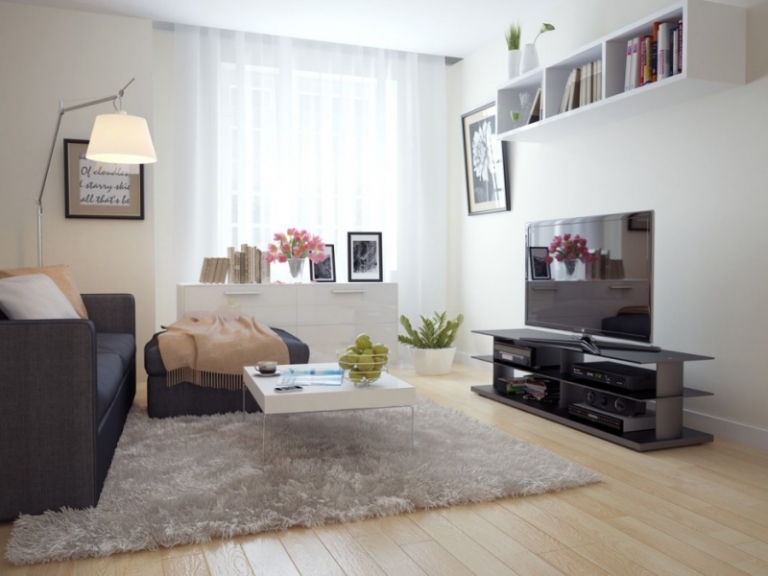 salon-moderne-blanc beige tapis shaggy gris meuble tv métal