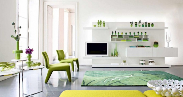 salon-moderne blanc décoré meubles tapis vert jaune