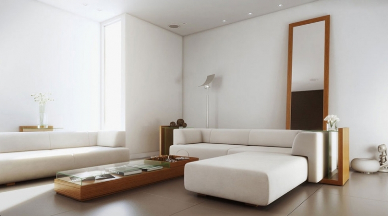 salon moderne blanc meubles bois carrelage taupe