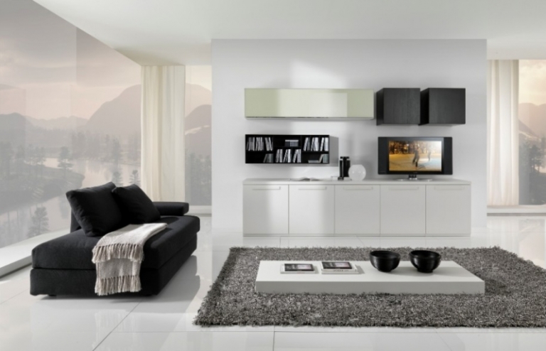 salon-moderne-blanc noir gris tapis shaggy table basse blanche