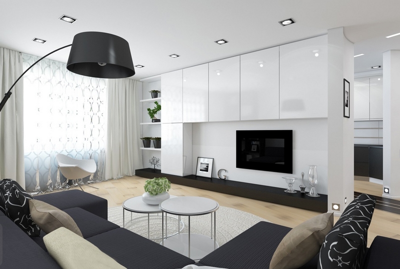 salon-moderne-blanc-noir-lampadaire-intérieur-meuble-tv-blanc