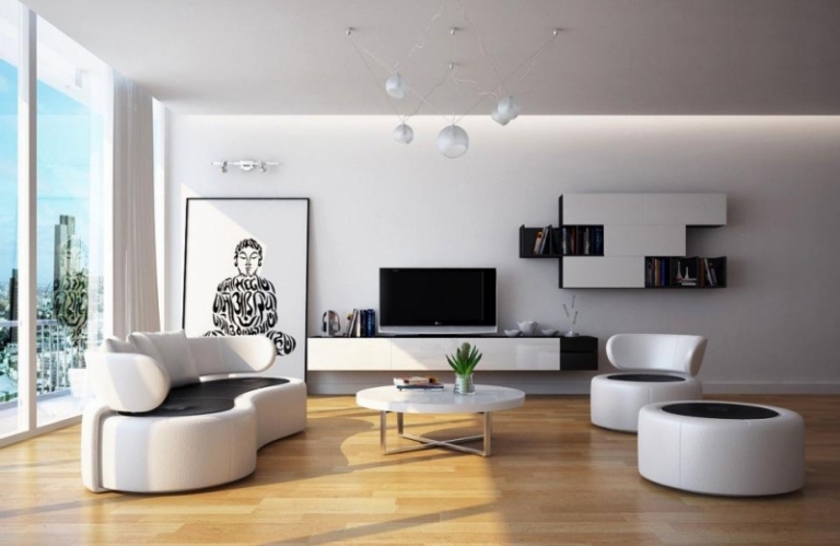 salon-moderne-blanc noir meubles design sol parquet flottant