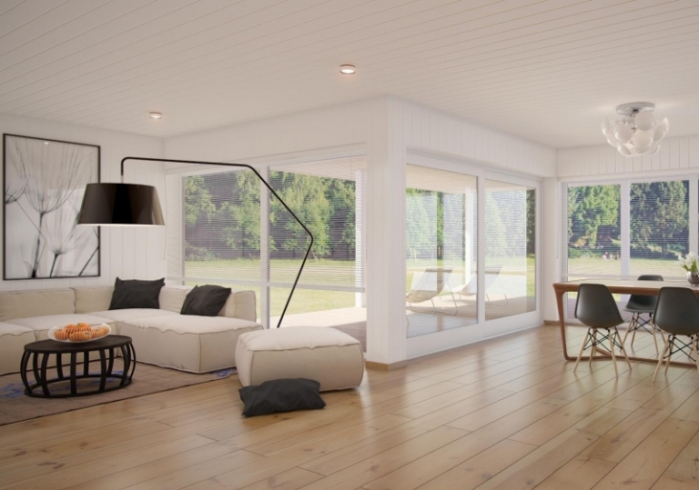 salon-moderne-blanc ouvert salle manger plancher bois massif
