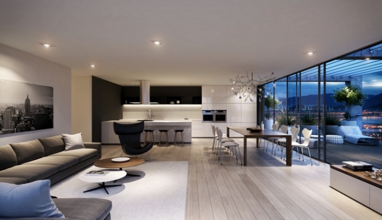salon-moderne-blanc-taupe parquet bois clair ouvert toit-terrasse panoramique