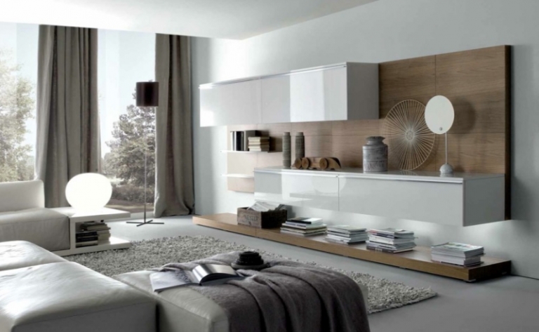 salon-moderne-blanc taupe tapis gris meuble suspendu blanc laqué