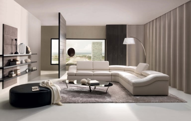 salon moderne blanc taupe tapis gris meubles design