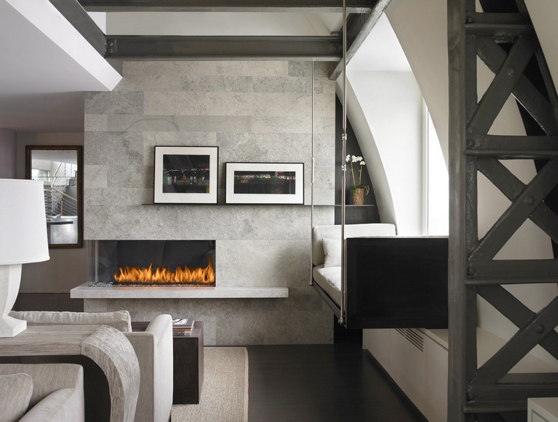 salon-monochrome cheminée contemporaine-pierre naturelle grise